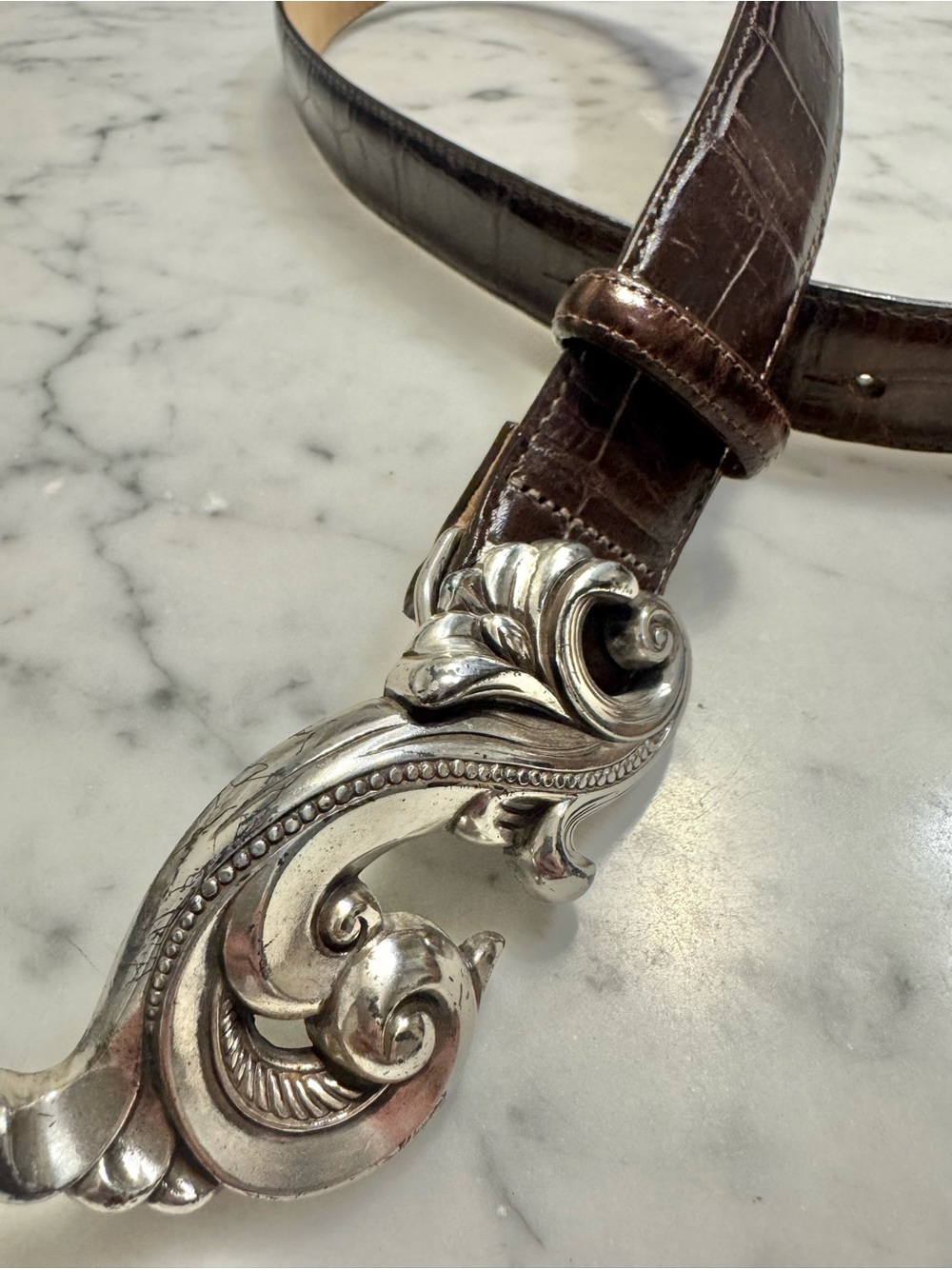 Brighton Brown Leather Belt with Ornate Silver-Tone Buckle